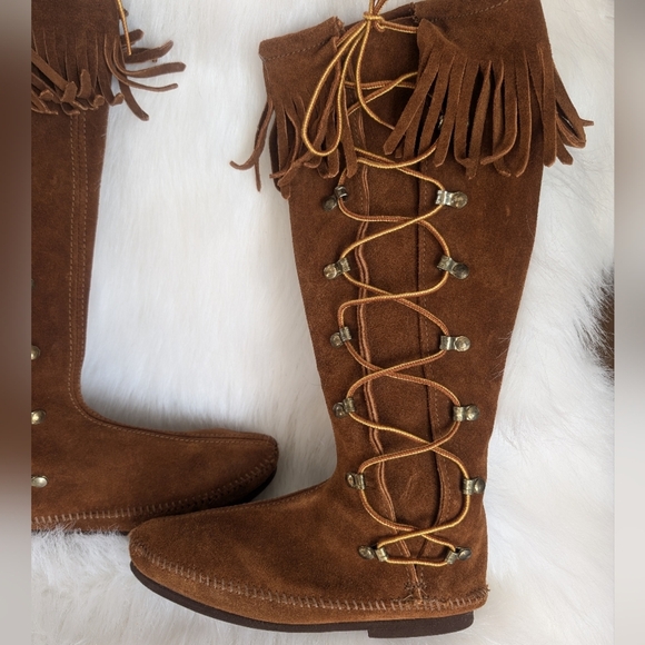 Vintage 70s Brown Suede Leather Lace Up Fringe Boots Size 6 - Picture 6 of 13